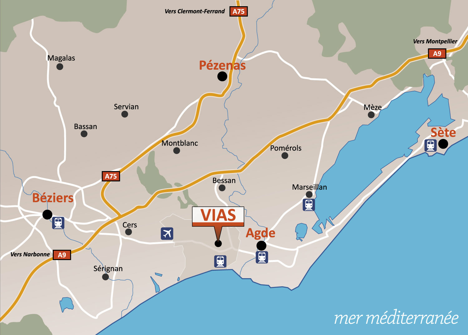 Carte de Vias et des environs dans l'Hérault
